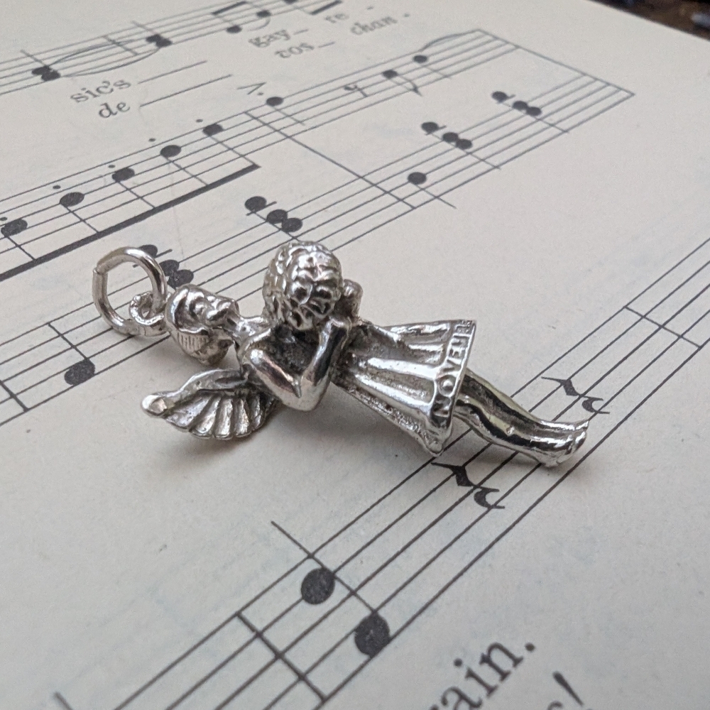 Vintage Silvertone Angel Holding Flowers November Charm For Charm Bracelet